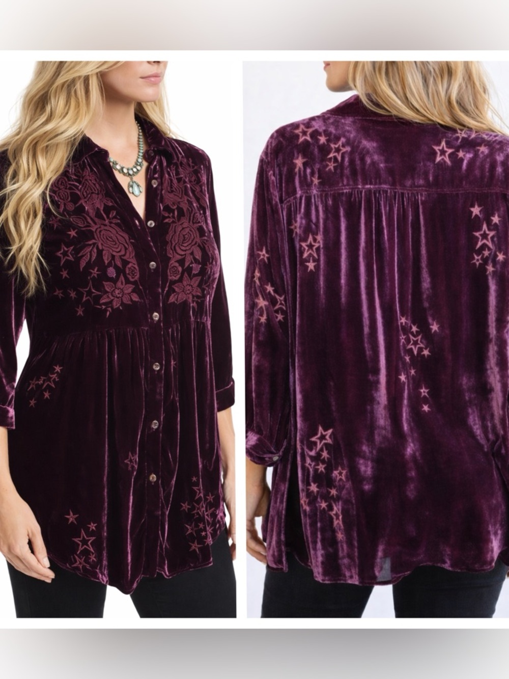 Johnny Was Roberta embroidered velvet smocked  tunic 
NWT